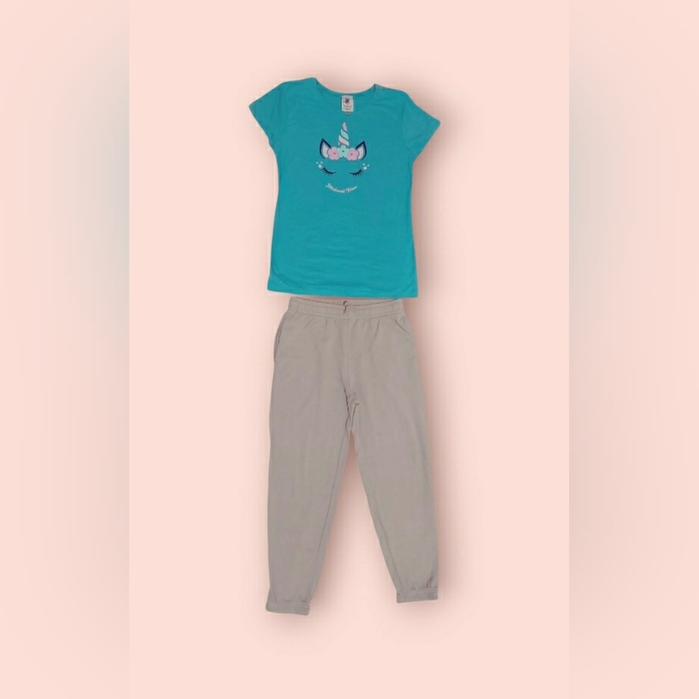 Kids Teal Unicorn T-shirt and Beige Sweatpants XL (14-16)